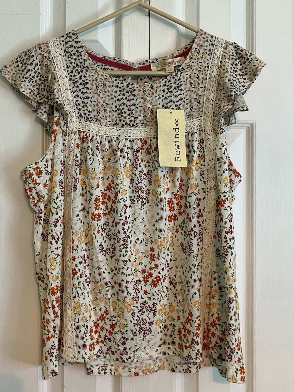 Rewind Floral Lace Cap Sleeve Top - Cream with Orange, Yellow, Burgundy